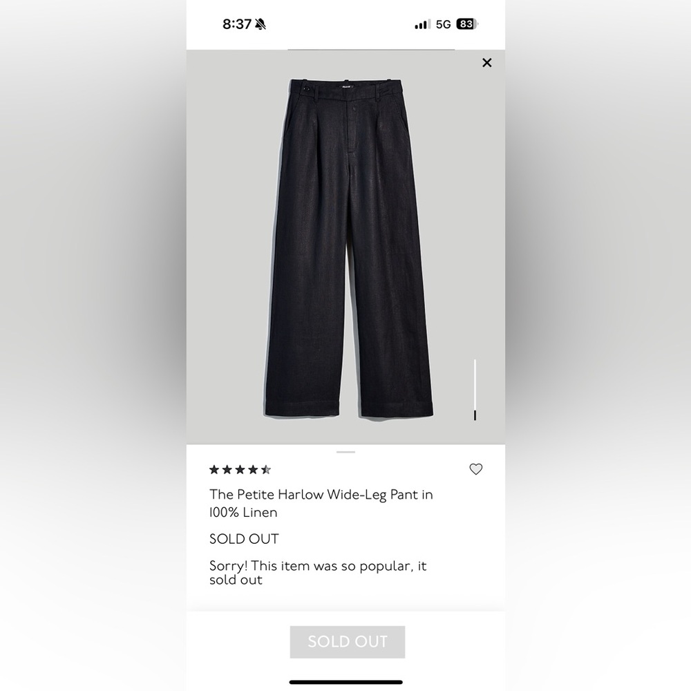 NWT Madewell The Petite Harlow Wide-Leg Pant 6